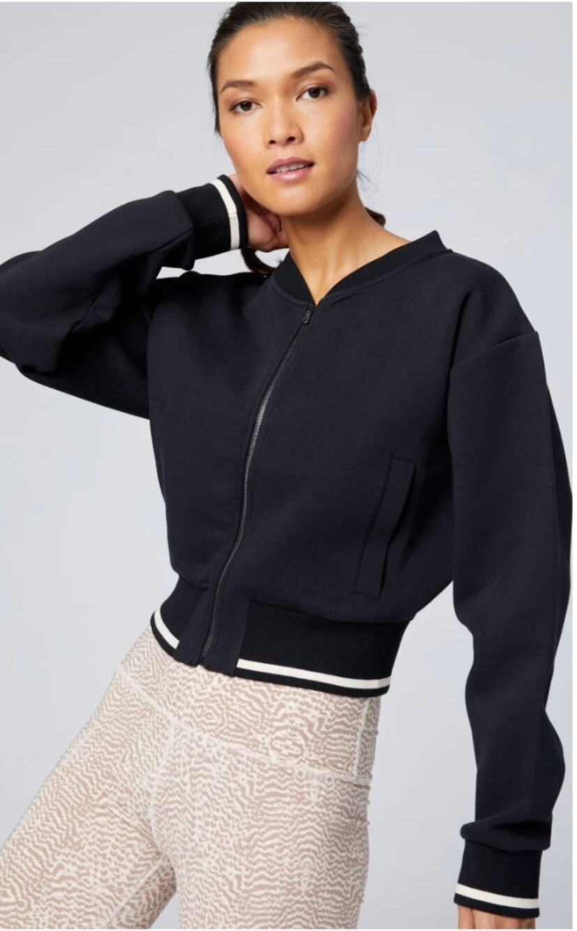 Varley Black Cropped Bomber Jacket Zip Sweatshirt Knit Athleisure Size M
